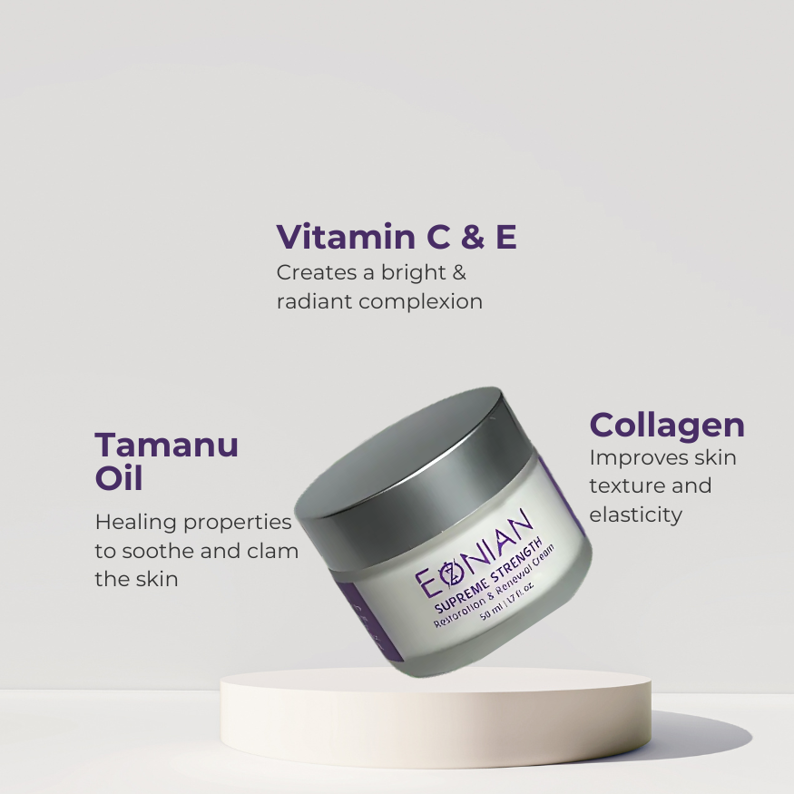 Eonain skincare, supreme strength restoration and renewal cream, natural skincare, vitamin C & E, collagen, and tamanu oil