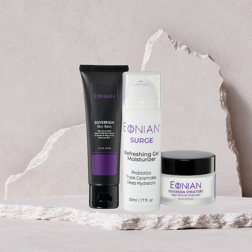 the ultimate men's trio of soothing, refreshing after shave, moisturizer and night treatment for men over 40 years old.