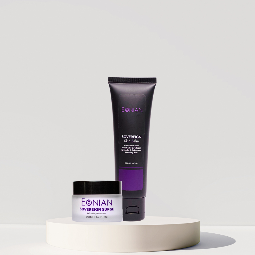 Eonian skincare soveregin skincare line, skincare for aging mens skin, aftershave skin balm, night cream for men, clean ingredient skincare for men 