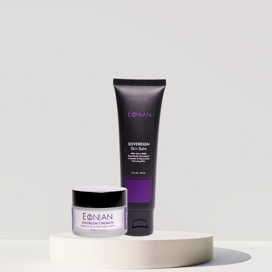 Eonian skincare soveregin skincare line, skincare for aging mens skin, aftershave skin balm, night cream for men, clean ingredient skincare for men