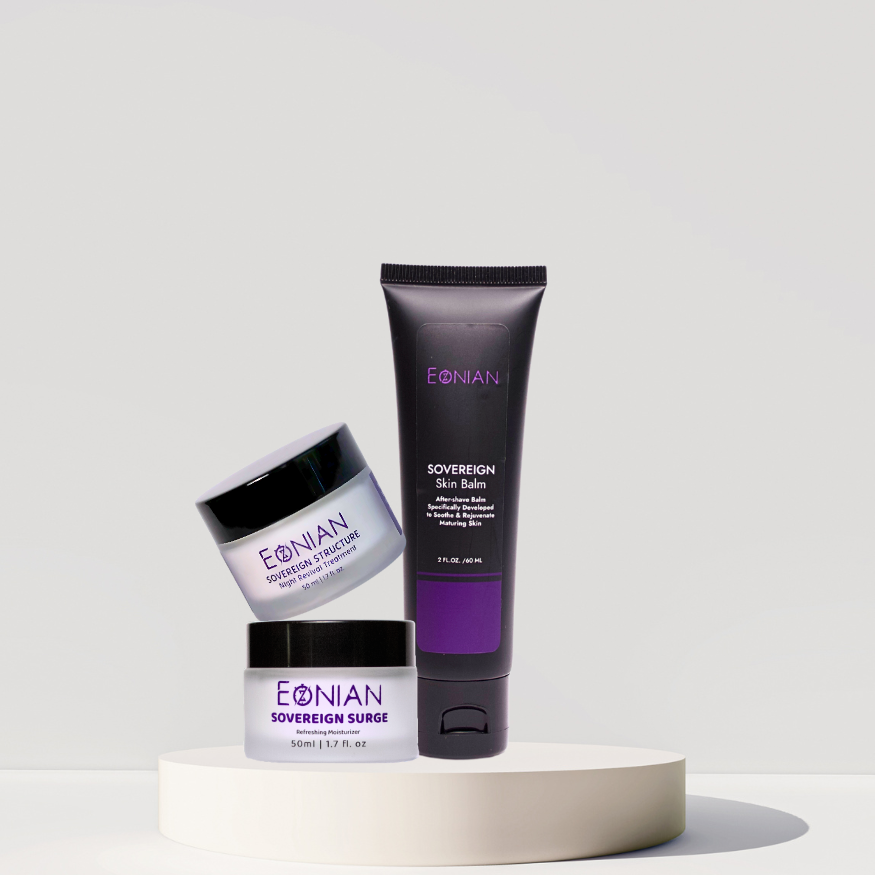 Eonian skincare soveregin skincare line, skincare for aging mens skin, aftershave skin balm, night cream for men