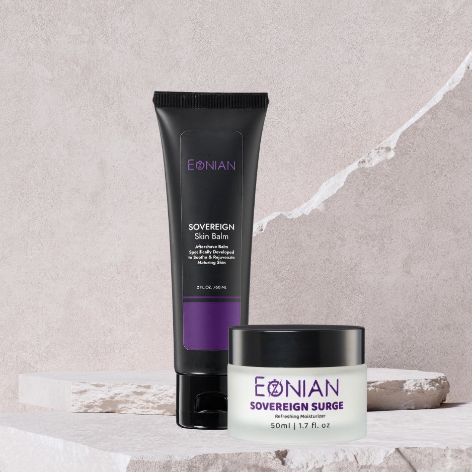 everyday essential kit for men's skincare from eonian skincare. Aftershave balm and sovereign surge.