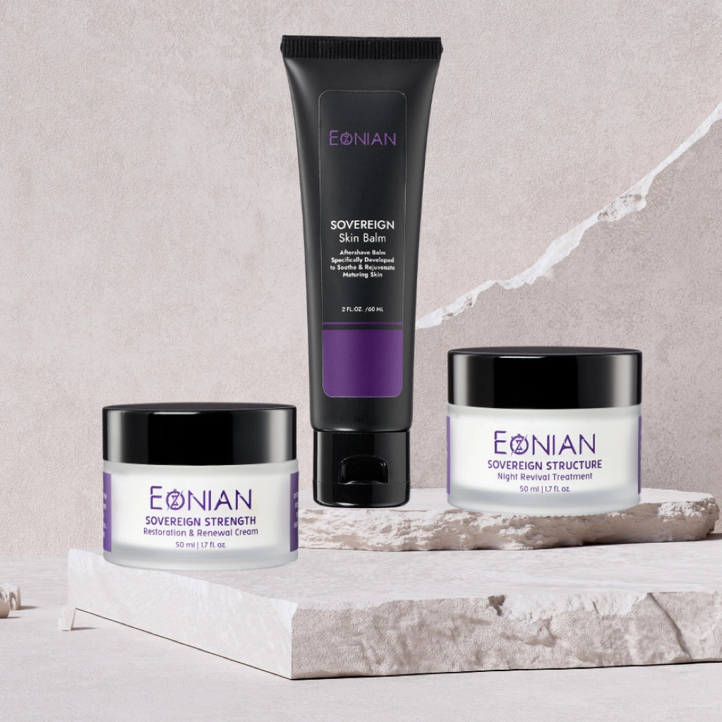 eonain skincare mens products shown are sovereign skin balm, restoration and renewal cream and the night revival treatment. 