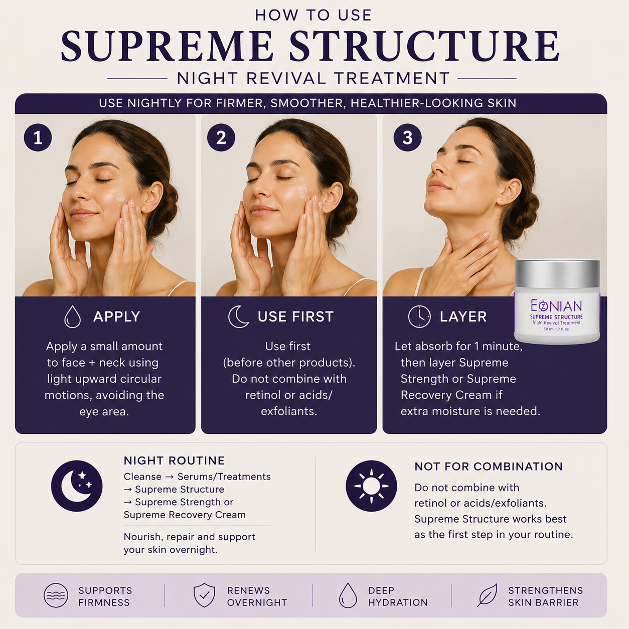 how to use Supreme structure firming night treatment for women from Eonian skincare