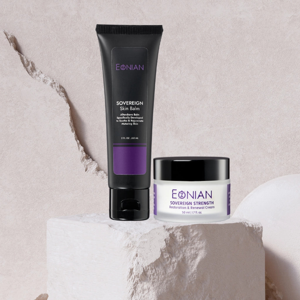 eonian skincare barrier and balm duo featuring aftershave balm and restoration and renewal cream for mens skincare routine.