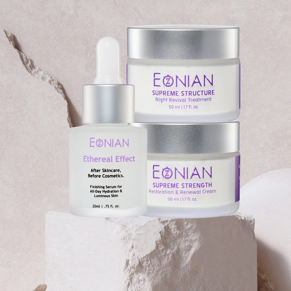 eonian skincare's founder's daily skincare routine kit finishing serum, nigh revival treatment and restoration and renewal cream