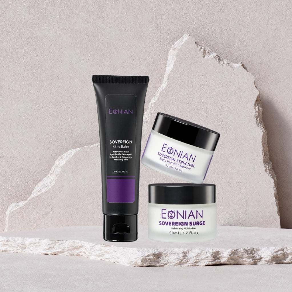 eonian skincare lightweight trio of mens skincare. Our aftershave, night treatment and refreshing moisturizer 